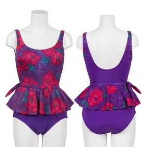 Christina Peplum Hem 80s / 90s Vintage Low Cut Back One Piece Floral Swimsuit